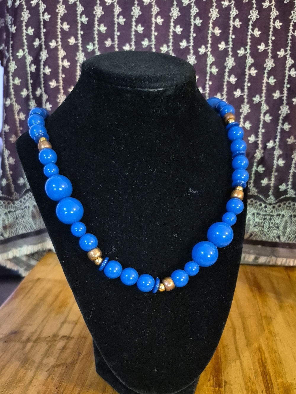 Blue Beaded Necklace with Gold Accent - Women Jewelry